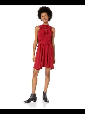 BB Dakota Women's Crazy in Love Bubble Crepe Ruffle Dress w/Lace Rouge (Red) 4